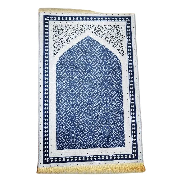 Blue velvet Muslim prayer rug with geometric mihrab arch design - Zainyunoor wholesale