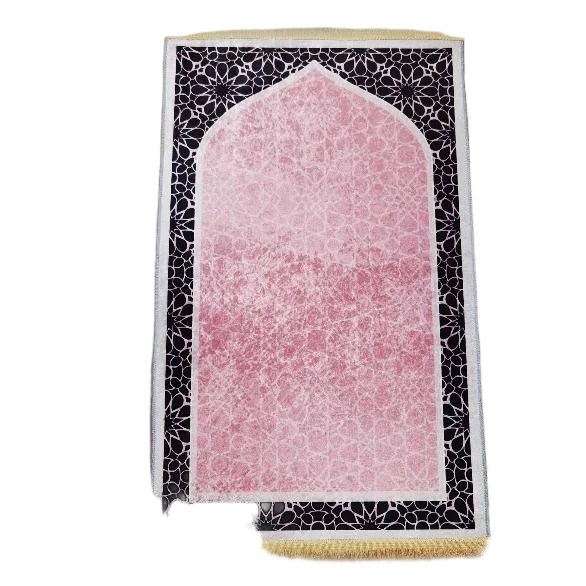 Pink chenille Muslim prayer rug with black floral border arch - Zainyunoor wholesale