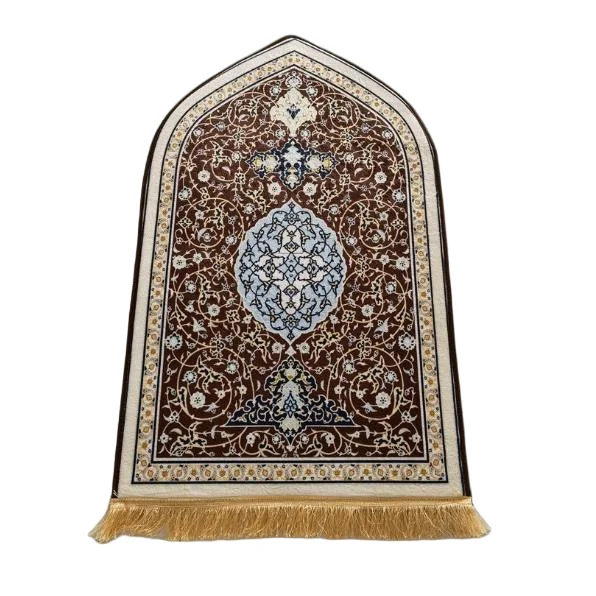Brown velvet Muslim prayer rug with floral medallion and tassels - Zainyunoor wholesale