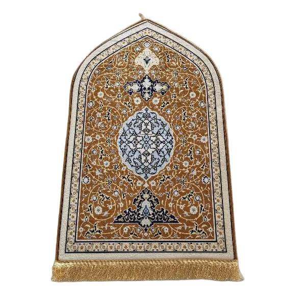 Gold velvet Muslim prayer rug with Persian medallion fringe - Zainyunoor wholesale