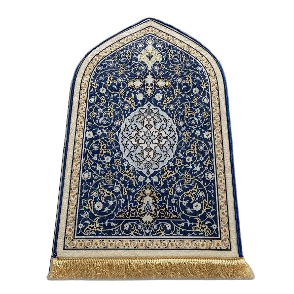 Navy blue velvet Muslim prayer rug with gold floral medallion - Zainyunoor wholesale
