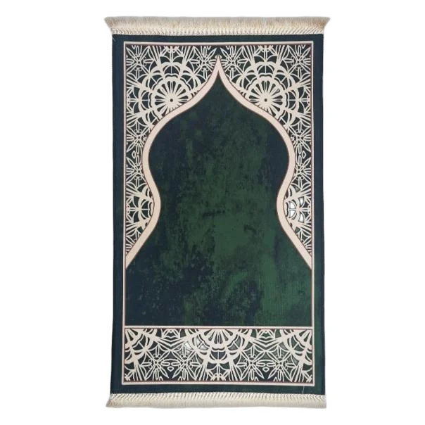 Green velvet Muslim prayer rug with embossed mihrab arch tassels - Zainyunoor wholesale
