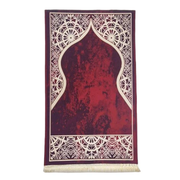 Red maroon velvet Muslim prayer rug with vintage mihrab arch - Zainyunoor wholesale