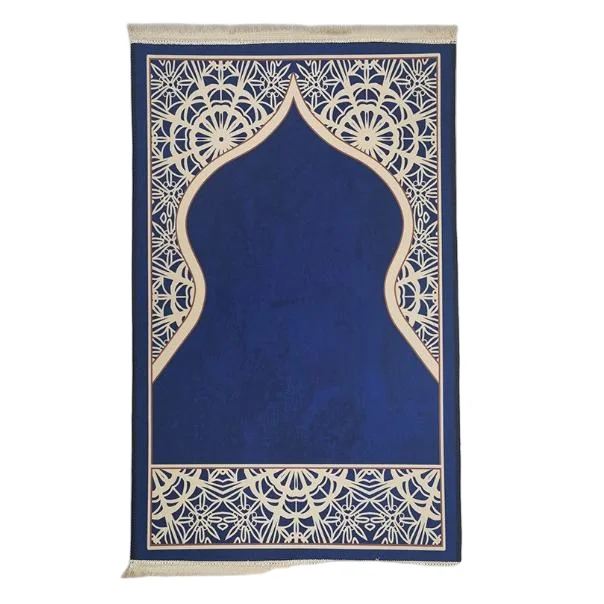 Blue velvet Muslim prayer rug with mihrab arch lace border design - Zainyunoor wholesale