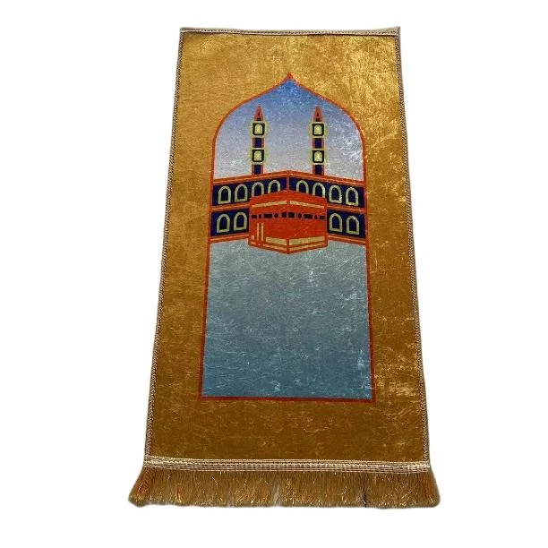 Gold velvet Muslim prayer rug with Kaaba Mecca print and tassels - Zainyunoor wholesale