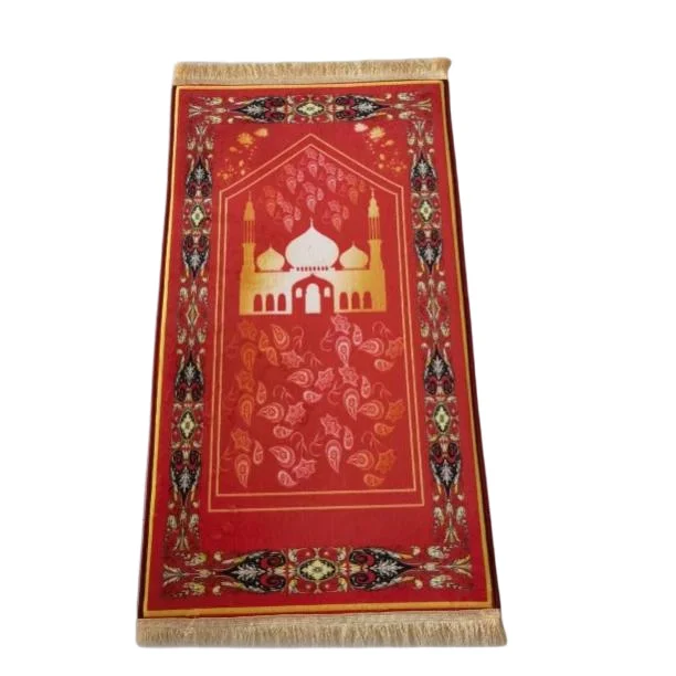 Red chenille Muslim prayer rug with golden mosque motif and fringe - Zainyunoor wholesale