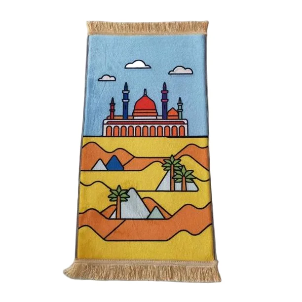 Multicolor flannel Muslim prayer rug with mosque desert scene and tassels - Zainyunoor wholesale