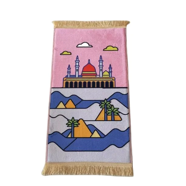 Pink flannel Muslim prayer rug with mosque pyramid landscape and fringe - Zainyunoor wholesale