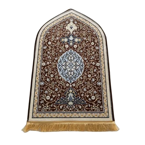 Brown velvet Muslim prayer rug with Persian floral medallion and tassels - Zainyunoor wholesale