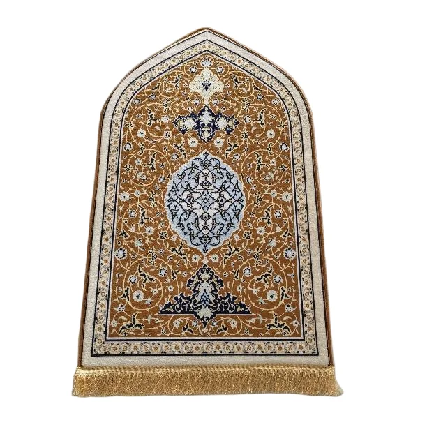 Gold velvet Muslim prayer rug with ornate floral medallion and fringe - Zainyunoor wholesale