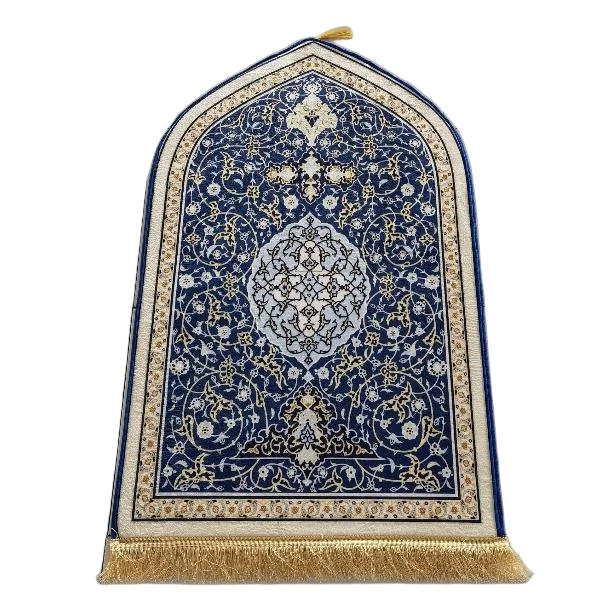 Navy blue velvet Muslim prayer rug with floral medallion and gold tassels - Zainyunoor wholesale