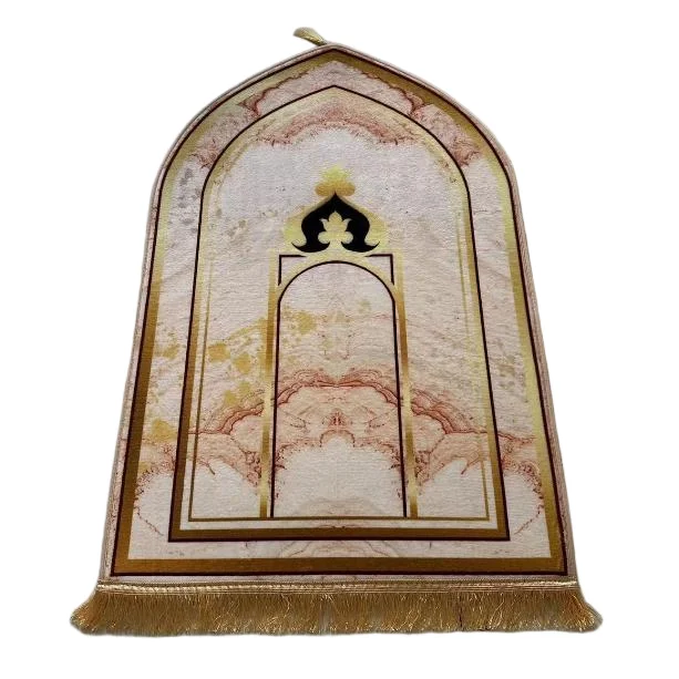 Beige velvet Muslim prayer rug with marble arch mihrab and gold fringe - Zainyunoor wholesale