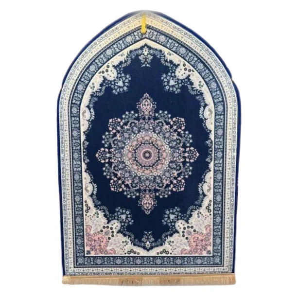 Navy blue soft Muslim prayer rug with traditional floral medallion - Zainyunoor wholesale