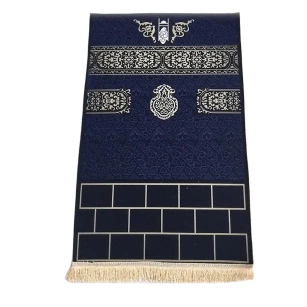 Dark blue padded Muslim prayer rug with Kaaba and Hajr al-Aswad print - Zainyunoor wholesale