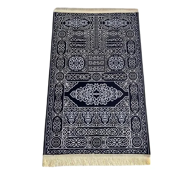 Navy blue chenille Muslim prayer rug with intricate Ottoman floral pattern - Zainyunoor wholesale