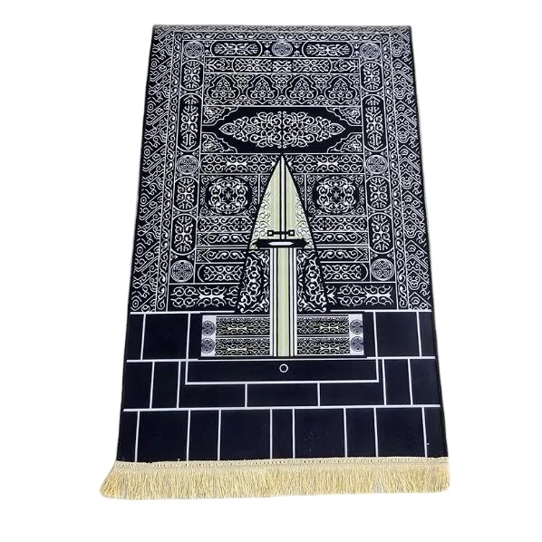 Black velvet Muslim prayer rug with detailed Kaaba door and tiles design - Zainyunoor wholesale