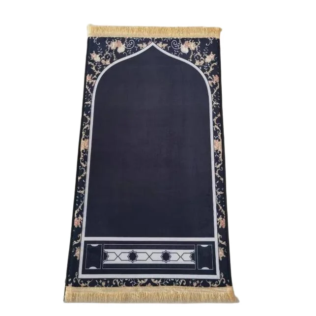 Dark blue velvet Muslim prayer rug with floral mihrab arch - Zainyunoor wholesale