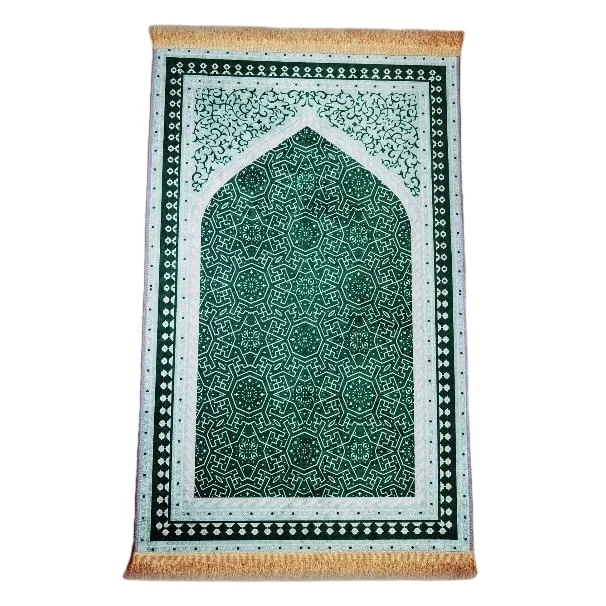 Green velvet Muslim prayer rug with geometric mihrab arch - Zainyunoor wholesale