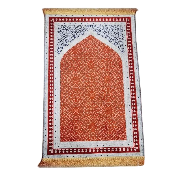 Orange chenille Muslim prayer rug with Islamic geometric pattern - Zainyunoor wholesale