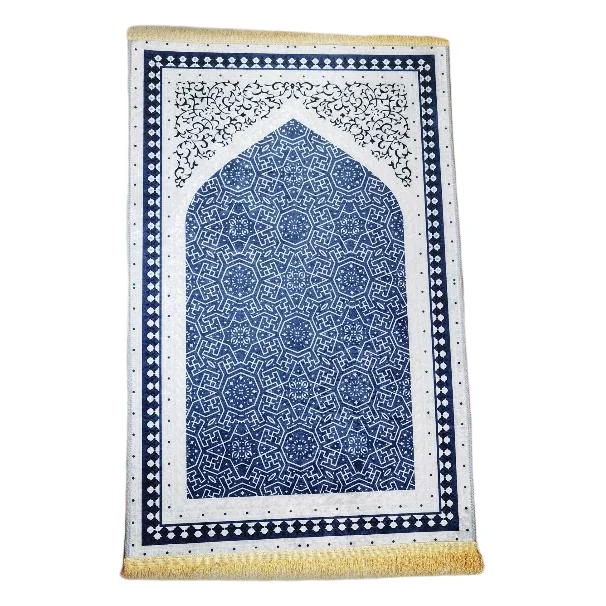 Blue and white chenille Muslim prayer rug with star motif arch - Zainyunoor wholesale