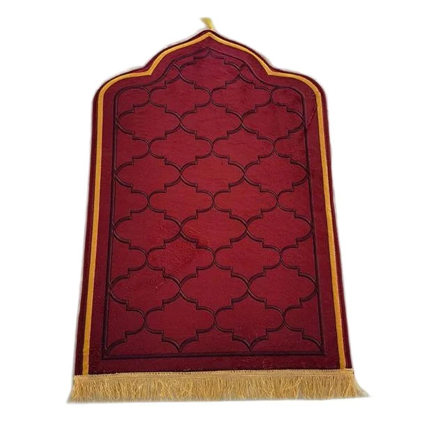 Red velvet Muslim prayer rug with Moroccan trellis pattern and gold tassels - Zainyunoor wholesale