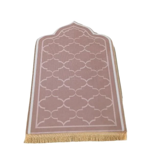 Blush pink chenille Muslim prayer rug with quatrefoil lattice design and fringe trim - Zainyunoor wholesale