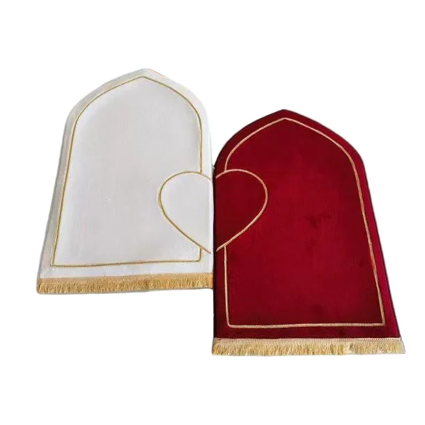 Ivory and red velvet Muslim prayer rug with embroidered heart and gold fringe - Zainyunoor wholesale