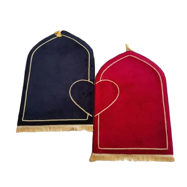 Navy and red plush Muslim prayer rug set with gold heart embroidery and tassels - Zainyunoor wholesale