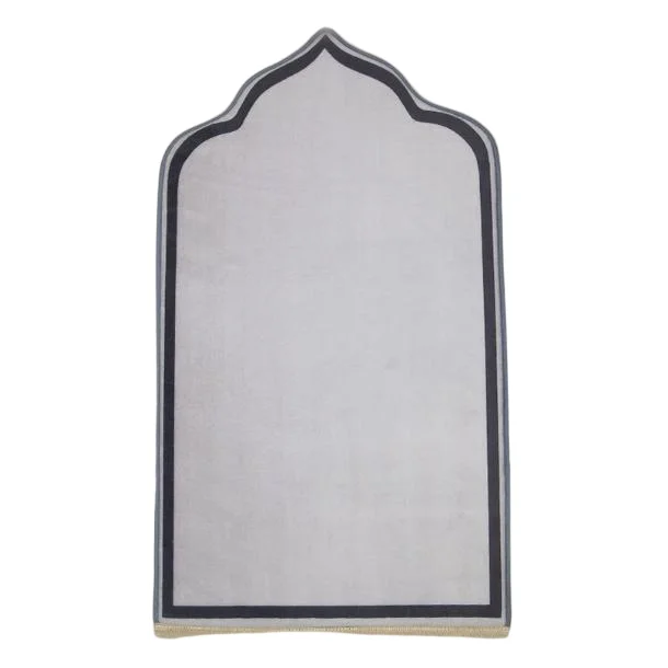 Light grey suede Muslim prayer rug with mihrab arch border and stitched edge - Zainyunoor wholesale
