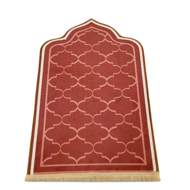 Terracotta velvet Muslim prayer rug with quatrefoil lattice pattern and fringe - Zainyunoor wholesale