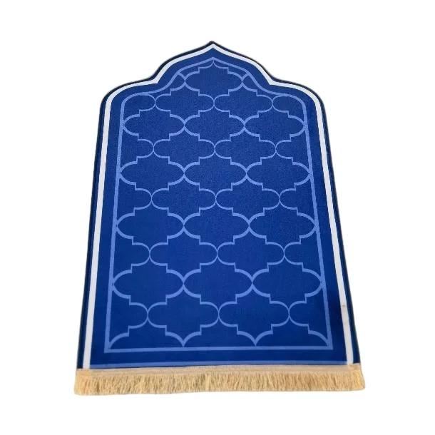 Royal blue plush Muslim prayer rug with Moroccan trellis design and gold tassels - Zainyunoor wholesale