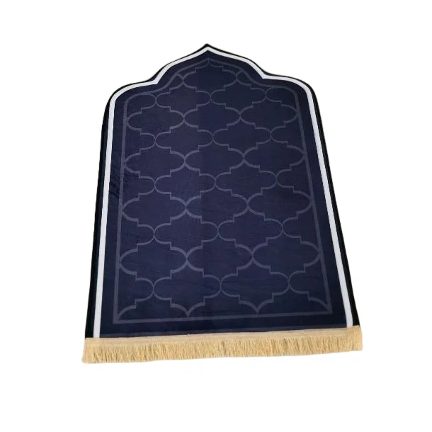 Navy blue velvet Muslim prayer rug with embossed geometric pattern and fringe - Zainyunoor wholesale