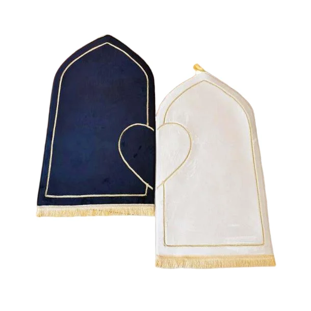 Navy and ivory velvet Muslim prayer rug set with heart embroidery and gold tassels - Zainyunoor wholesale