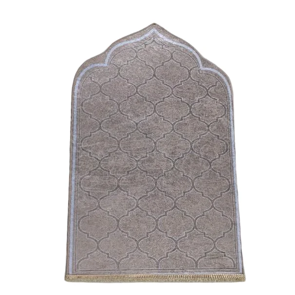 Taupe chenille Muslim prayer rug with quatrefoil pattern and tassels - Zainyunoor wholesale