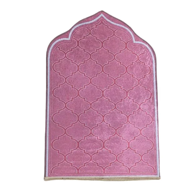 Pink velvet Muslim prayer rug with quatrefoil motif and fringe - Zainyunoor wholesale