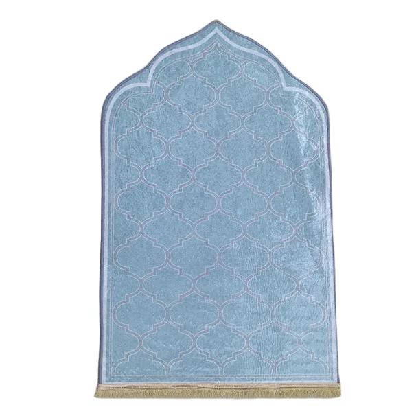Sky blue chenille Muslim prayer rug with embossed trellis pattern - Zainyunoor wholesale