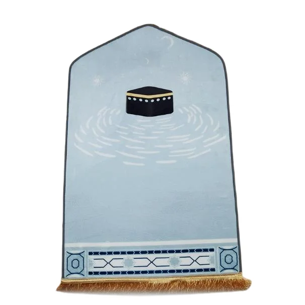 Light blue plush Muslim prayer rug with Kaaba print and fringe - Zainyunoor wholesale