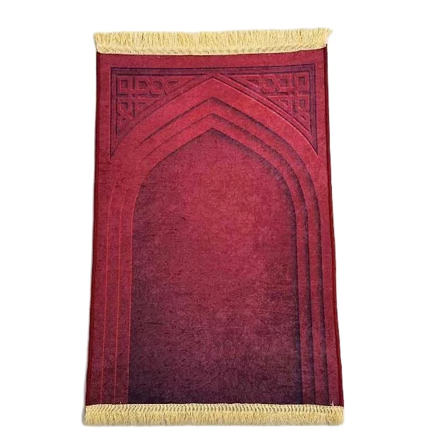 Burgundy red Muslim prayer rug with embossed mihrab arch and tassels - Zainyunoor wholesale
