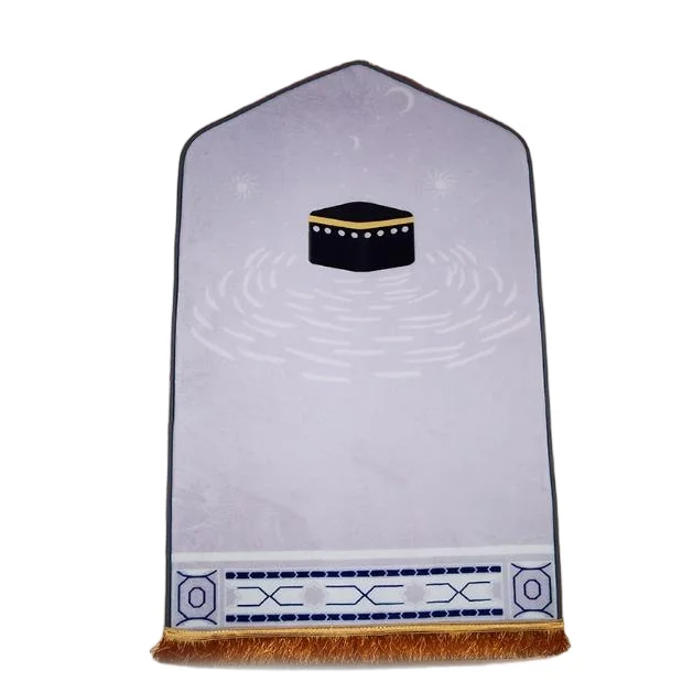 Light grey velvet Muslim prayer rug with Kaaba print and gold fringe - Zainyunoor wholesale
