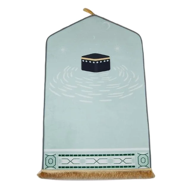 Mint green velvet Muslim prayer rug with Kaaba design and tassel trim - Zainyunoor wholesale