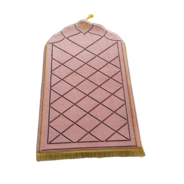 Pink velvet Muslim prayer rug with diamond lattice and gold fringe - Zainyunoor wholesale