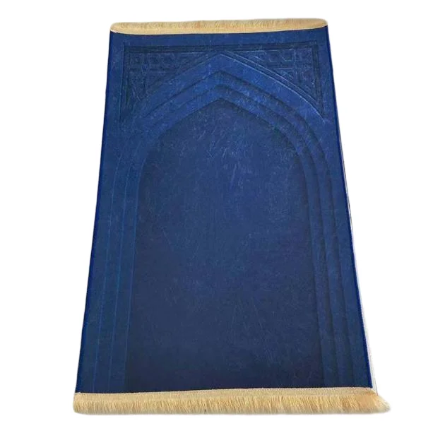 Royal blue velvet Muslim prayer rug with embossed mihrab arch design - Zainyunoor wholesale