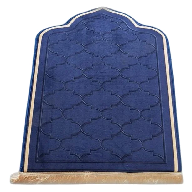 Blue plush Muslim prayer rug with Moroccan trellis design and fringe - Zainyunoor wholesale