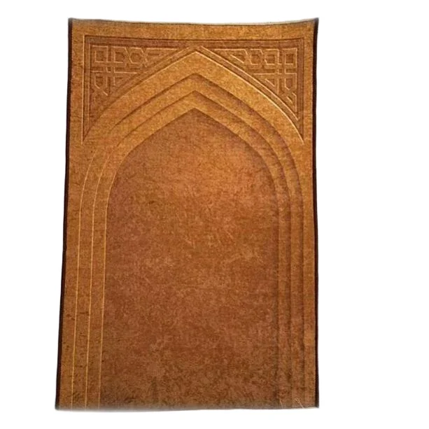 Tan plush Muslim prayer rug with embossed mihrab arch - Zainyunoor wholesale