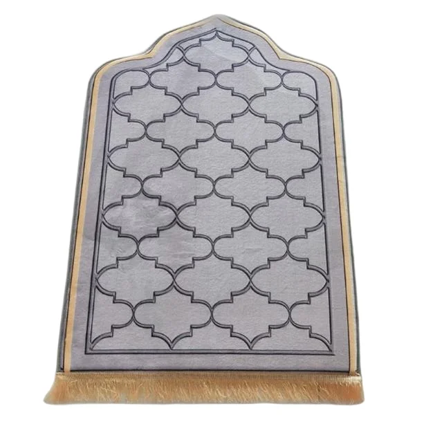 Grey velvet Muslim prayer rug with quatrefoil pattern and gold fringe - Zainyunoor wholesale