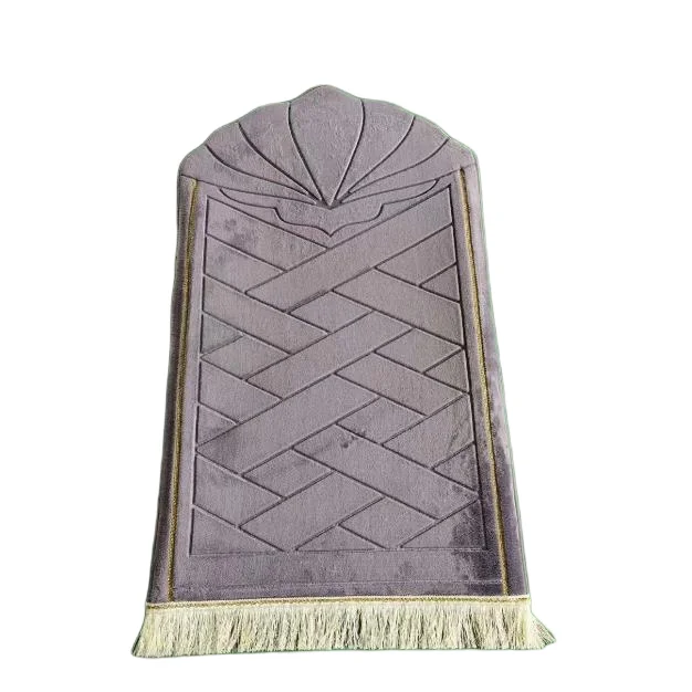 Lilac velvet Muslim prayer rug with shell motif and gold tassel trim - Zainyunoor wholesale