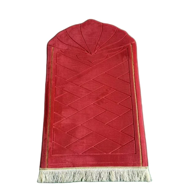 Red velvet Muslim prayer rug with shell arch and ivory fringe - Zainyunoor wholesale