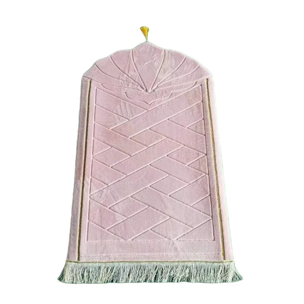 Pink velvet Muslim prayer rug with shell crown and gold tassel - Zainyunoor wholesale