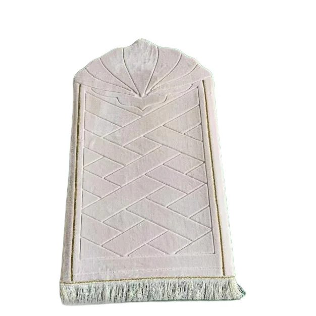 Cream velvet Muslim prayer rug with shell motif and fringed edge - Zainyunoor wholesale