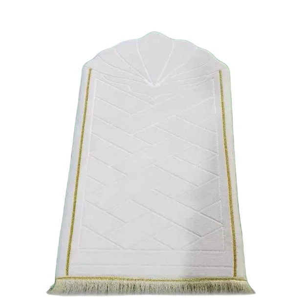 White velvet Muslim prayer rug with gold trim and tassel fringe - Zainyunoor wholesale